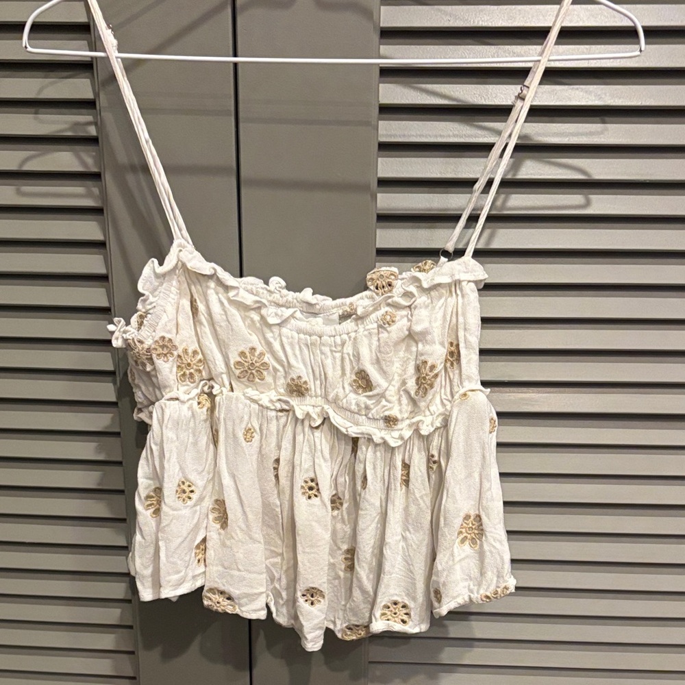 Embroidered White and Tan Summer Top